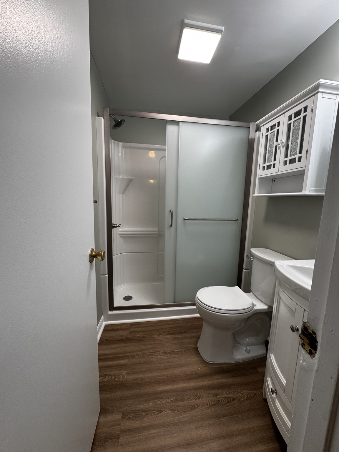 New shower enclosure and flooring in completed bathroom remodel